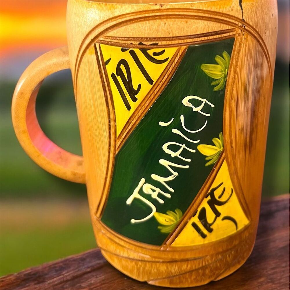 Vintage Handmade Jamaica Wooden Mug Stein Cup Caribbean Theme Rustic 1980s Rare